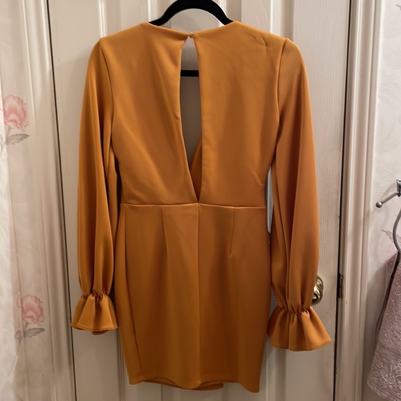 ASOS Design Petite Wrap Plunge Mini Dress with Flute Sleeve in Mustard - Picture 7 of 9
